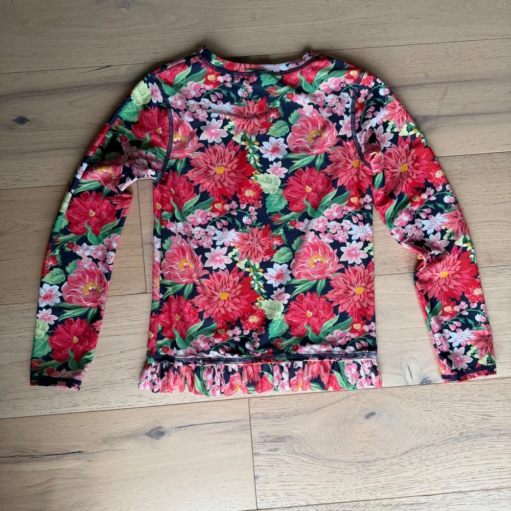 RuffleButts Girls Floral Long Sleeve Rash Guard Swim Shirt Red Pink Navy Size 10